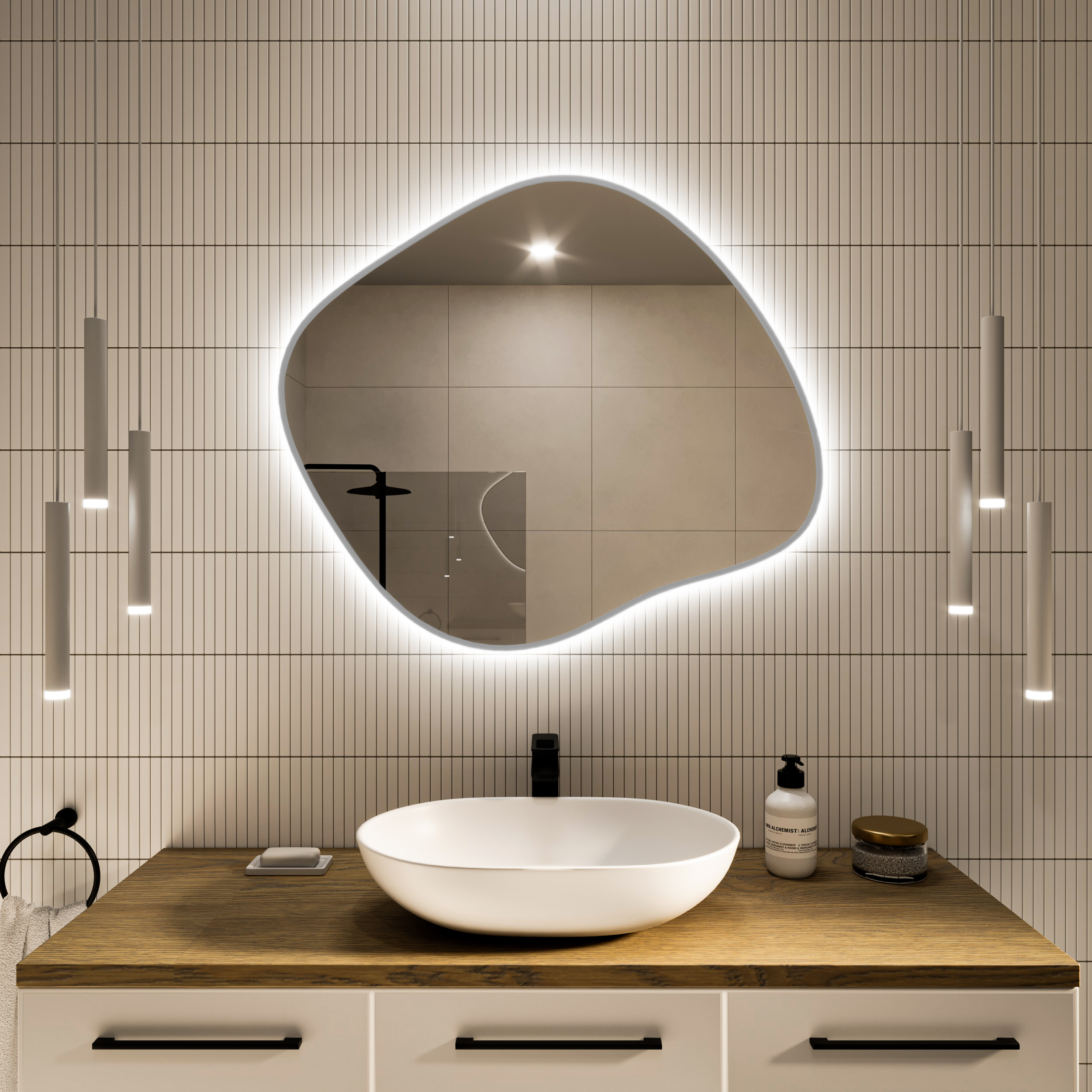 Baltica Design Tiny Borderbright Stain III lustro 80x70 cm z oświetleniem LED srebrne barwa ciepła z matą grzewczą