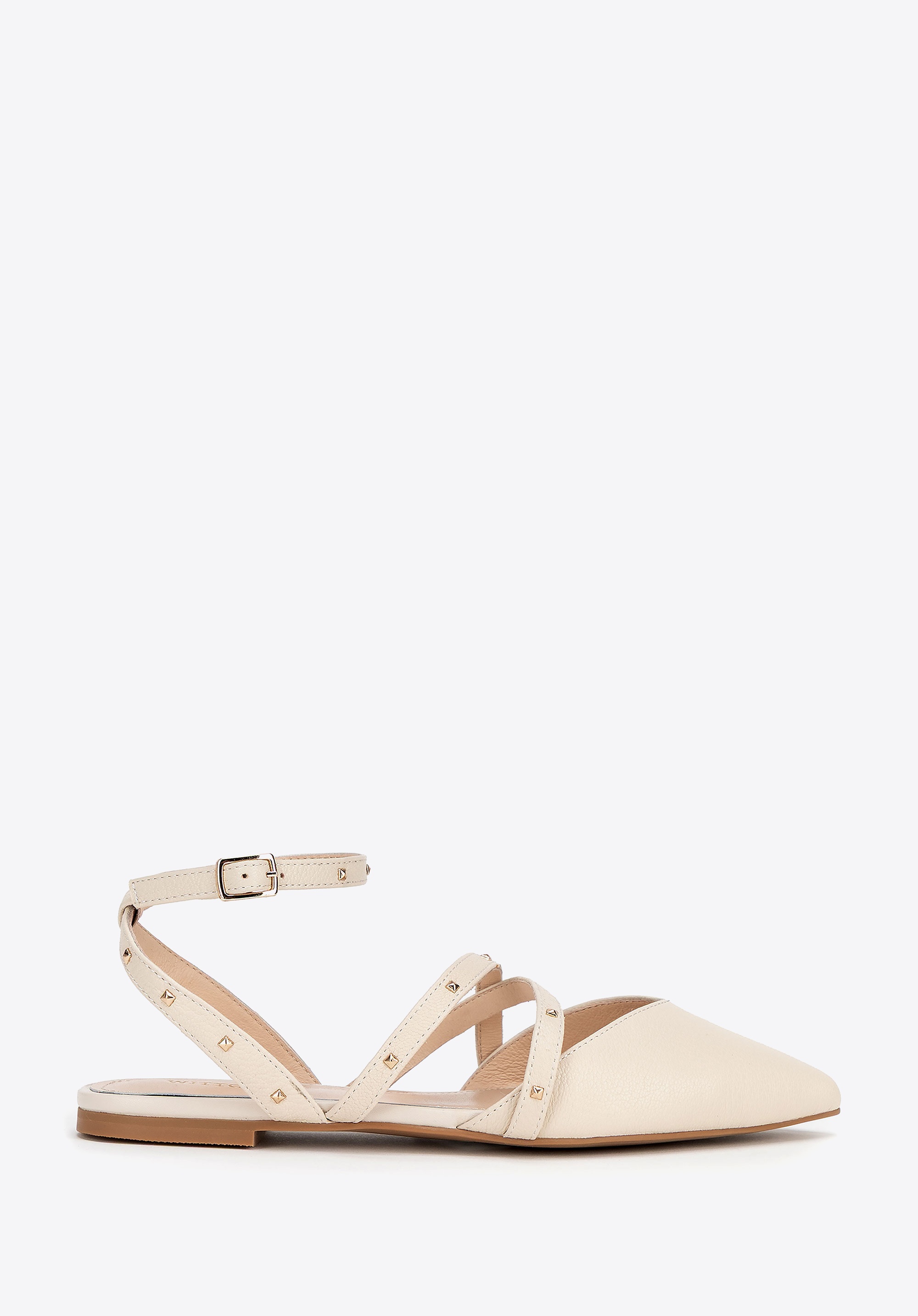 Damskie baleriny ze skóry z metalowymi akcentami beżowe