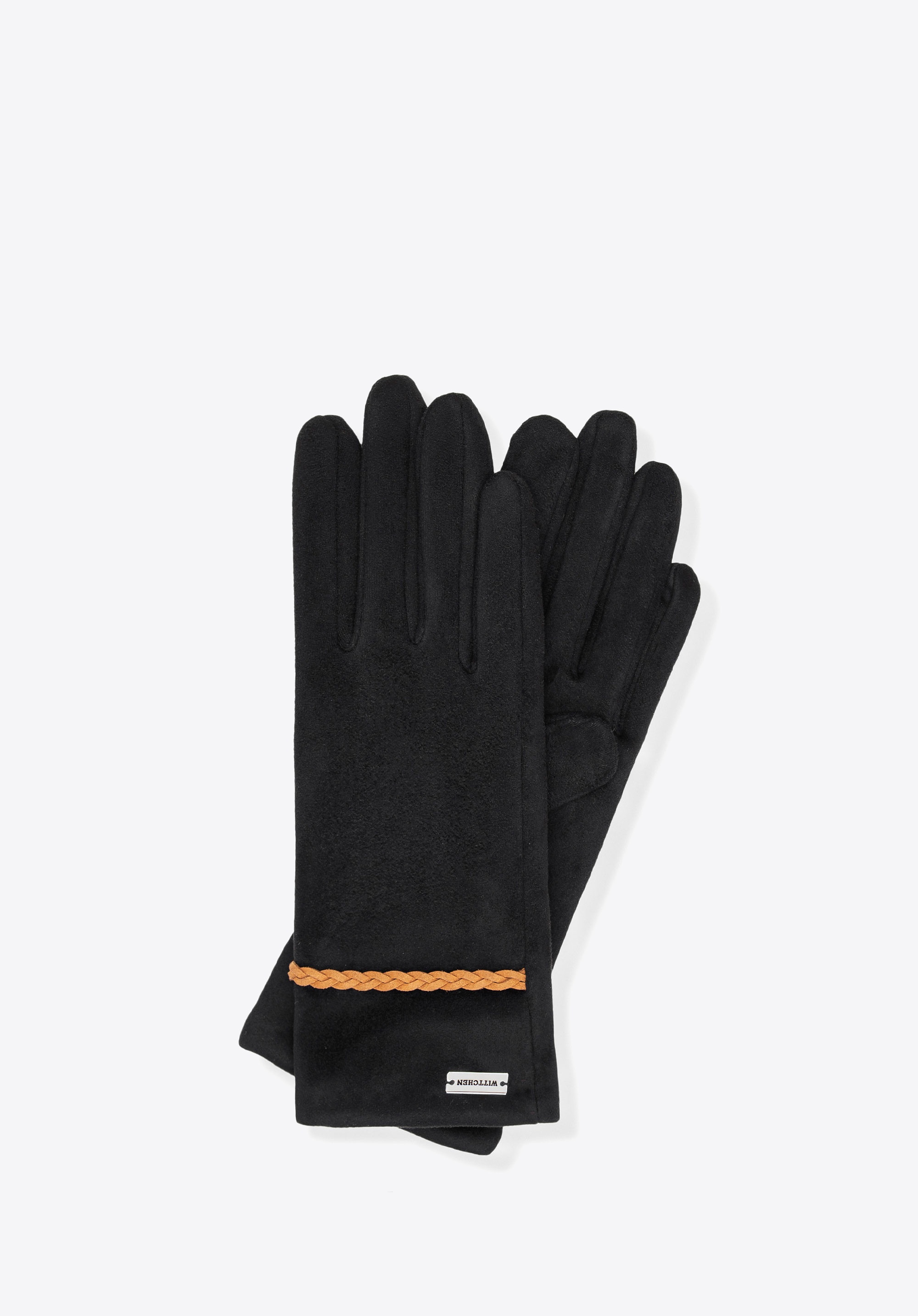 Damskie rękawiczki z ozdobnym rzemykiem czarno - brązowe