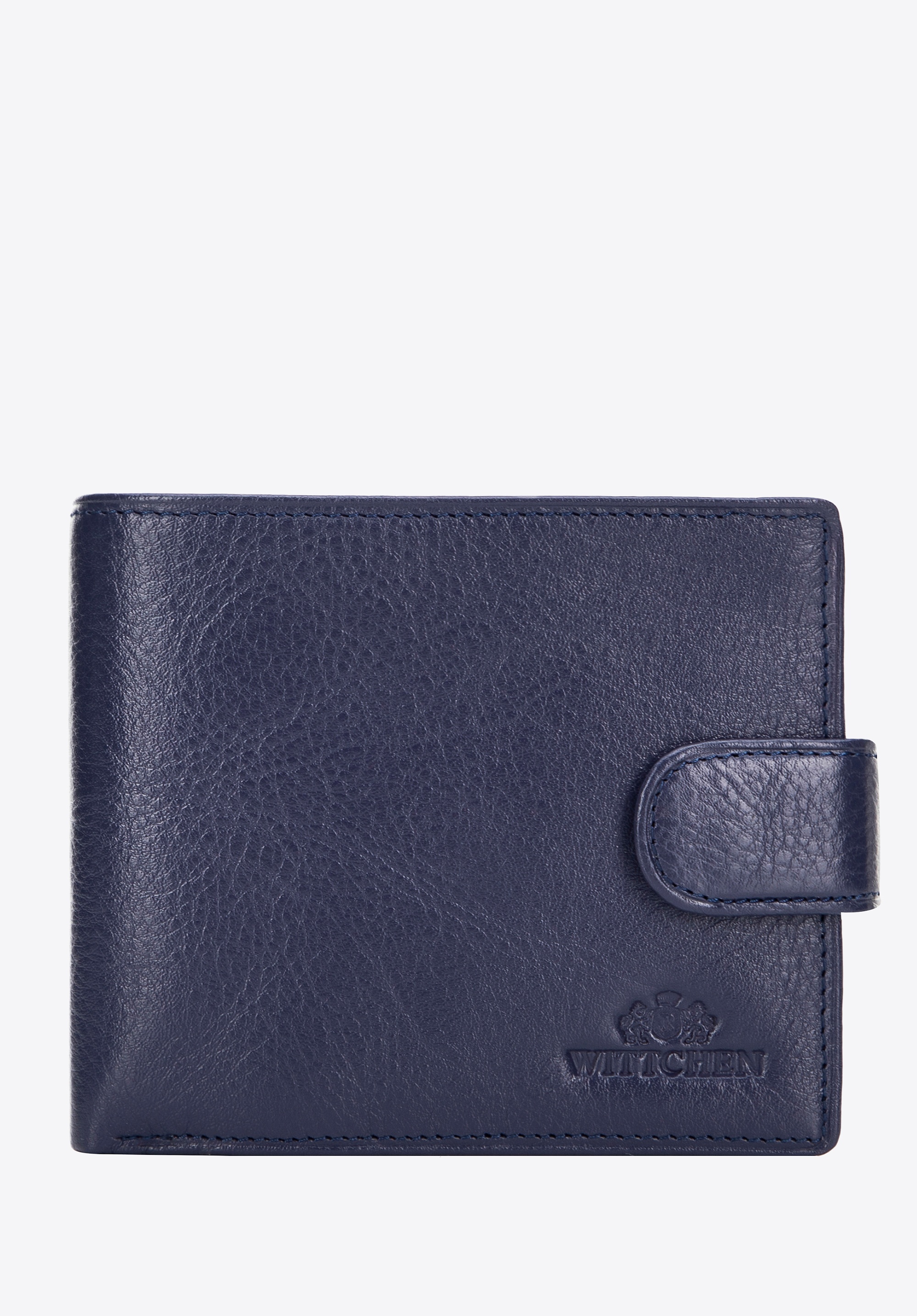 Skórzany męski portfel zapinany na napę granatowy