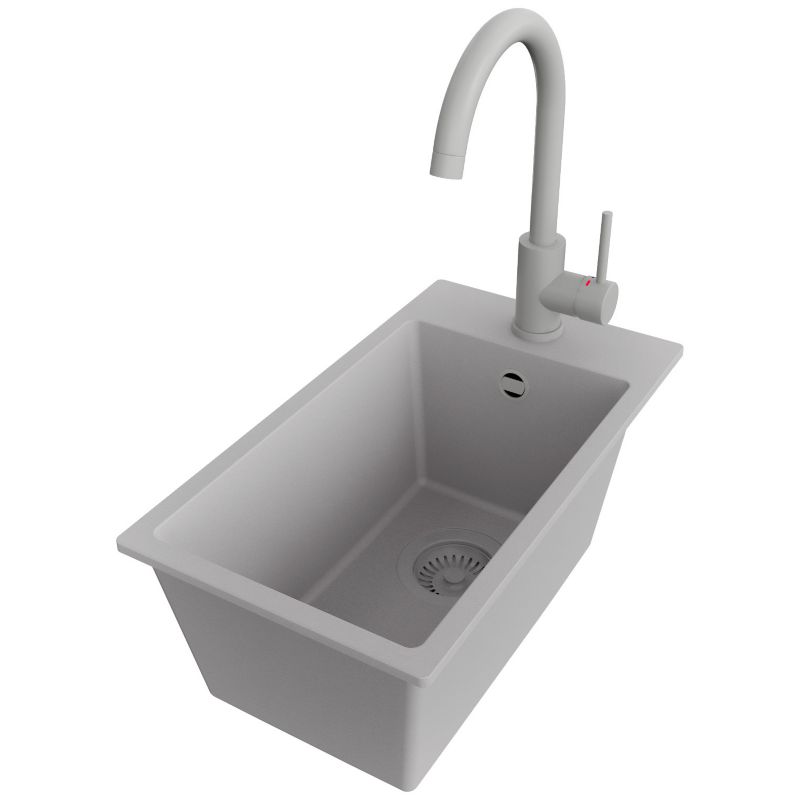 Zlewozmywak Granitowy Ryga PRIMAGRAN Nablatowy 28x50cm do szafki od 30cm, Szary + Bateria 32x20cm + Syfon, S016, 1 szt.