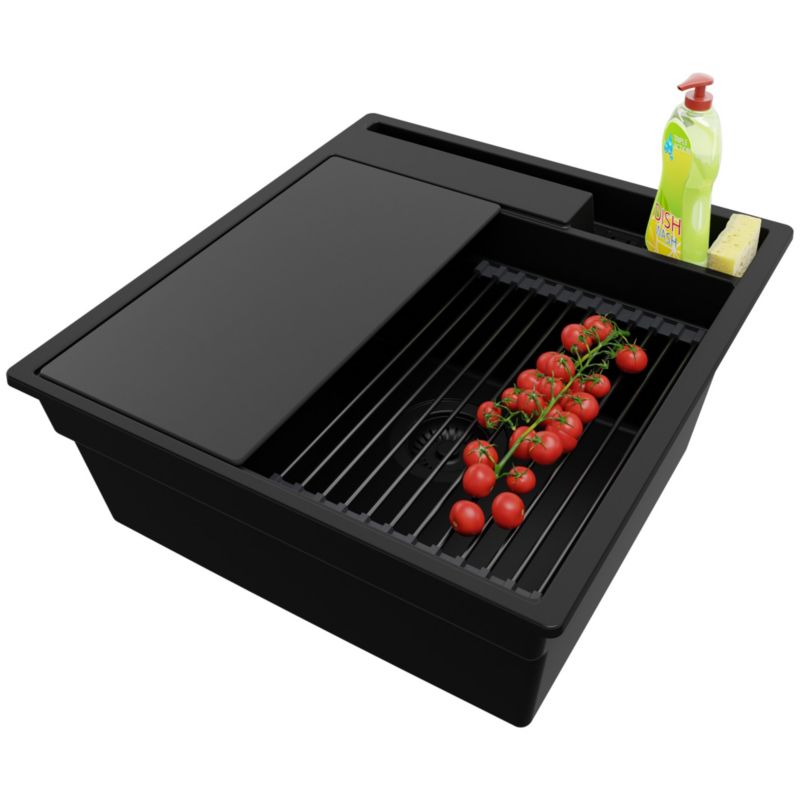 Zlewozmywak Oslo Pocket PRIMAGRAN Nablatowy 48x53cm do szafki od 50cm, Cały Czarny + Syfon + Akcesoria, S177, 1 szt.