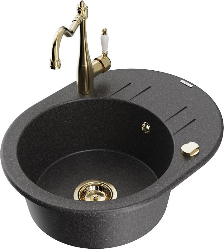 Zlewozmywak granitowy Mexen Kevin 1-komorowy z ociekaczem i baterią kuchenną Carla czarny 6517-76-670700-50