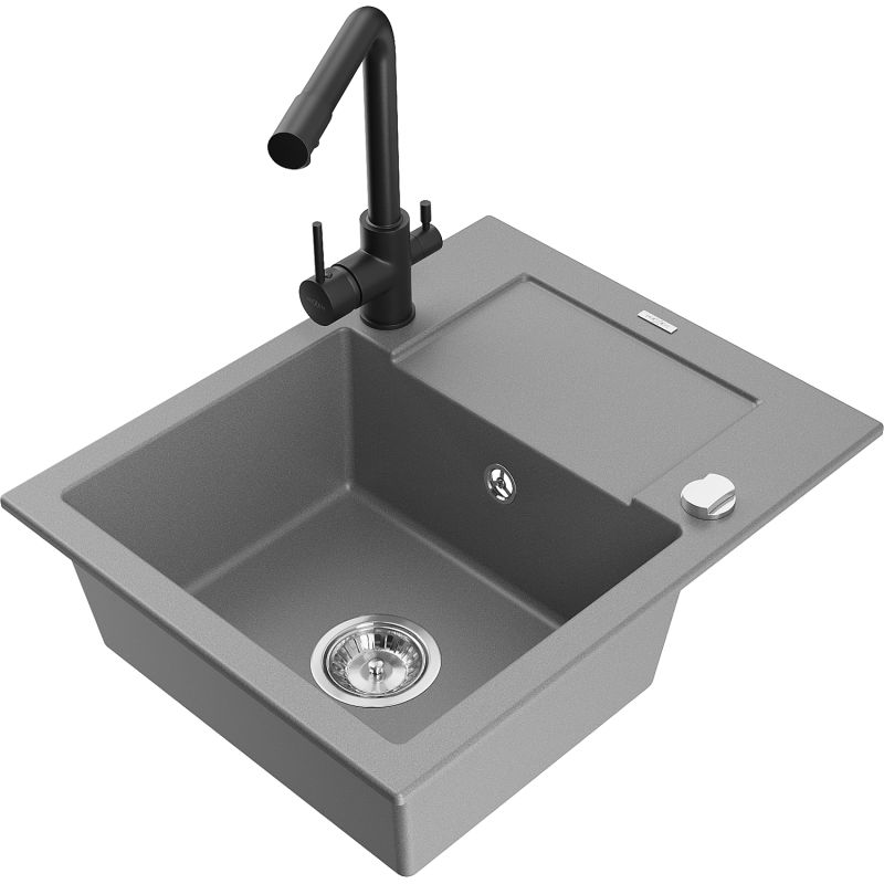 Zlewozmywak granitowy 1-komorowy Mexen Enzo z ociekaczem i baterią kuchenną Duero szary 6506-71-671600-70