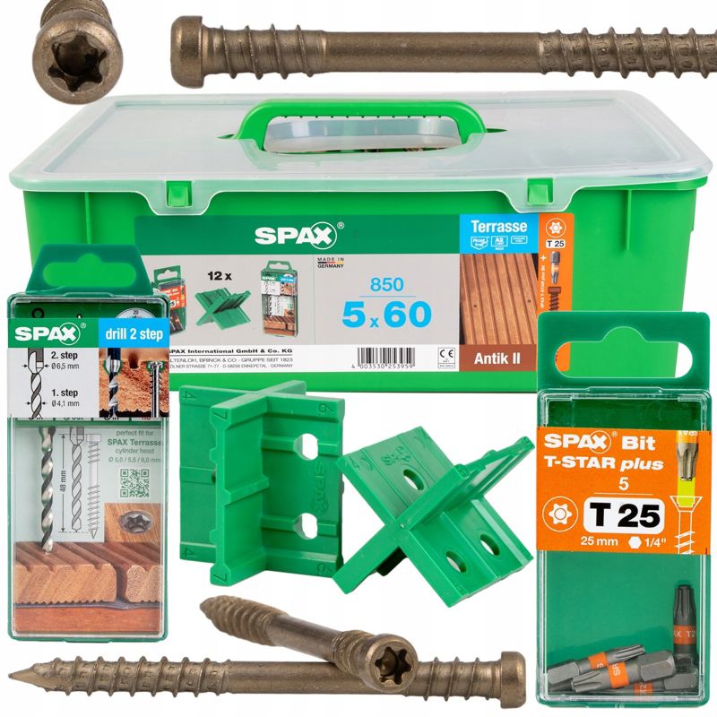 Wkręty tarasowe Spax-D do drewna 5x60mm, Stare Złoto Zestaw 850 szt.