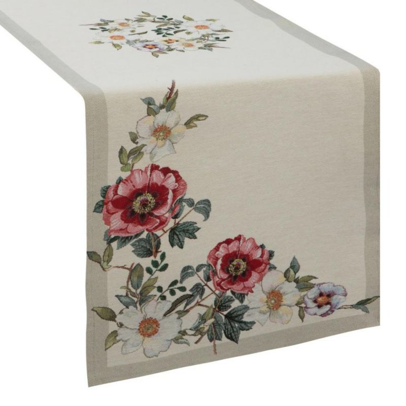 Bieżnik gobelinowy 4039/NAT Eurofirany 40 x 100 cm beżowy gruby rustykalny z motywem kwiatowym 1 szt.