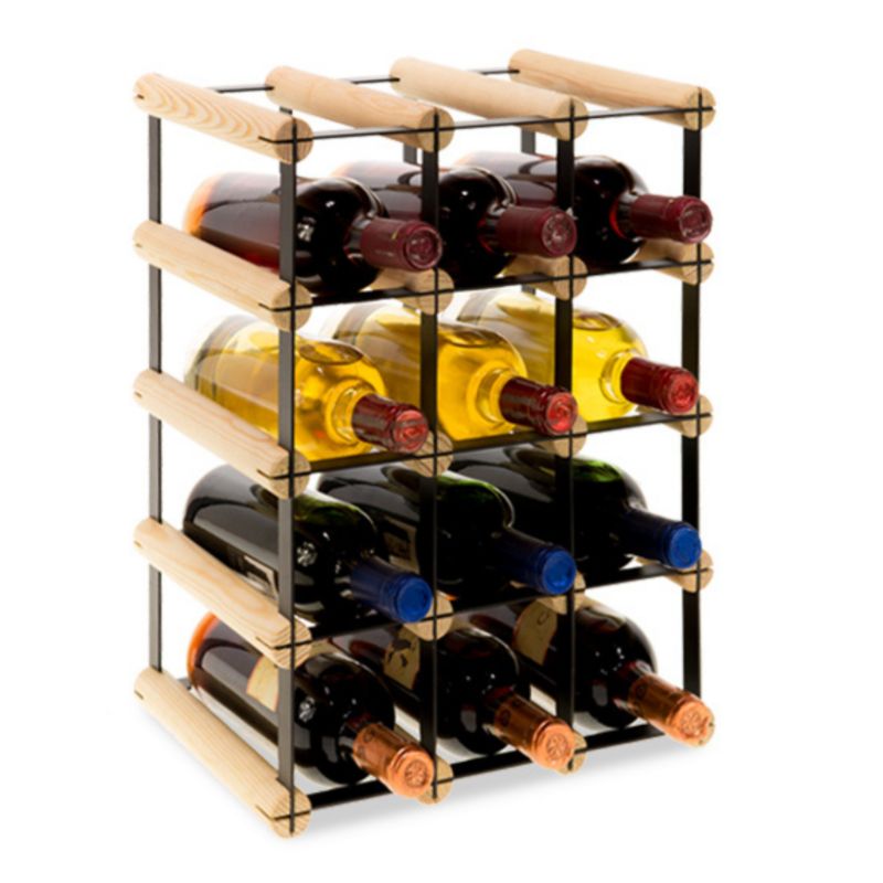 Regał na butelki MODO24 stojak PET metalowy drewniany eko solidny na 12 butelek czarny metal drewno naturalne 1 szt.