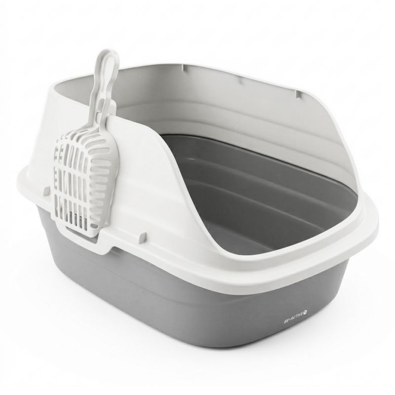 Kuweta dla kota Be-active.pl z wysokim rantem i łopatką otwarta z łatwym dostępem biało-szara 1 szt.