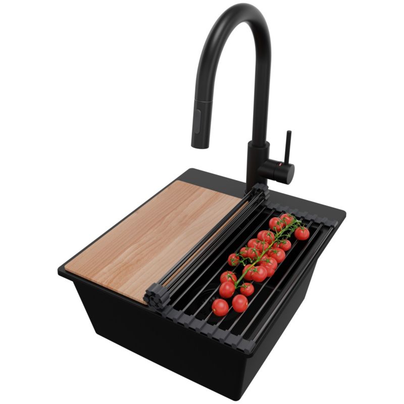 Zlewozmywak Granitowy Ryga Easy PRIMAGRAN Nablatowy 38x44cm do szafki od 40cm z Syfonem i Baterią i Dodatkiem Cały Czarny 1 szt.