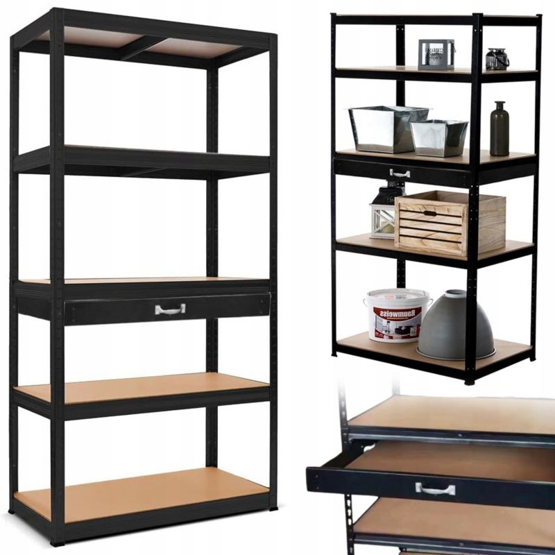 Regał magazynowy z szufladą Chomik 180 x 90 x 60cm metalowy 5 półek 875kg czarny 1 szt.