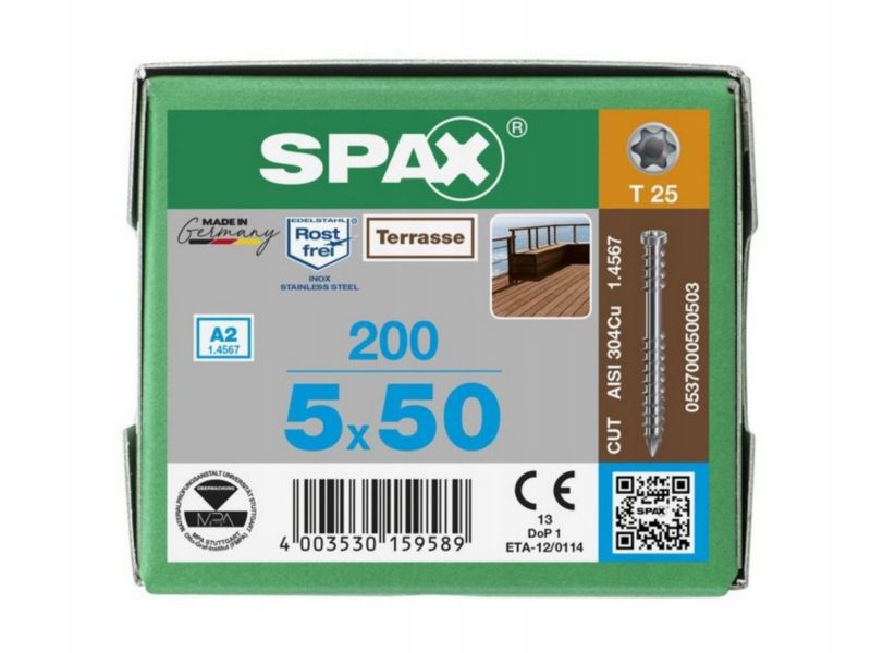 Wkręty Tarasowe Nierdzewne Spax 5x50mm Srebro-Inox 200Sszt.