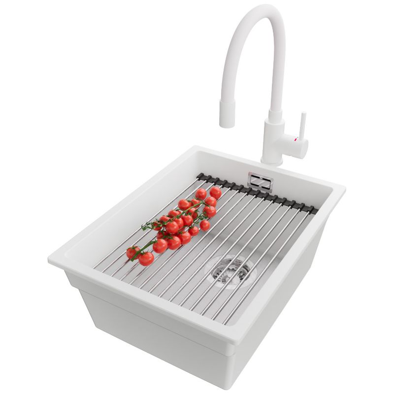 Zlewozmywak podblatowy Praga PRIMAGRAN 36x47cm do szafki od 40cm, Biały + Bateria + Syfon + Zwijany ociekacz, S065, 1 szt.