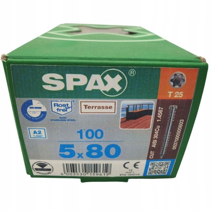 Wkręty Tarasowe Nierdzewne Spax 5x80mm Srebro-Inox 100Sszt.