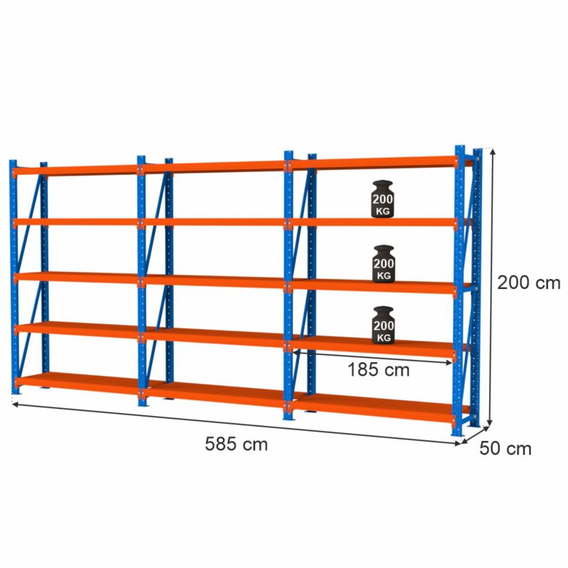 Regał Mega-M Fortis Light magazynowy metalowy 5-półkowy zestaw 3 moduły 200x585x50 cm 3szt.