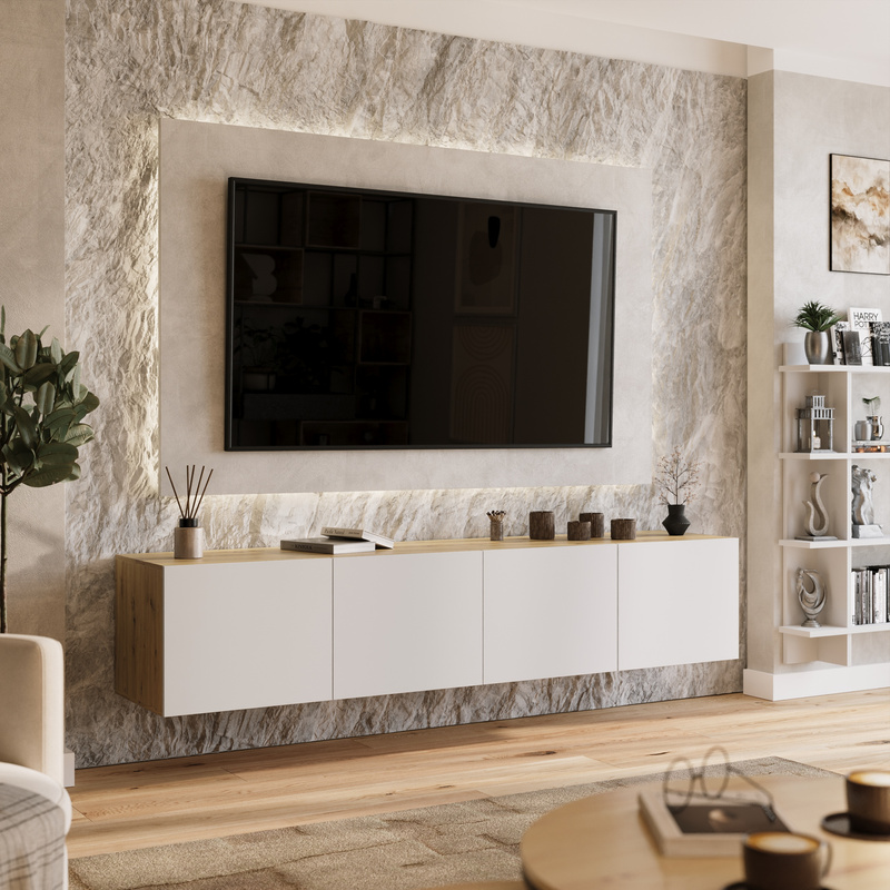 Stolik RTV wiszący 200 cm z półkami do salonu LORI dąb artisan