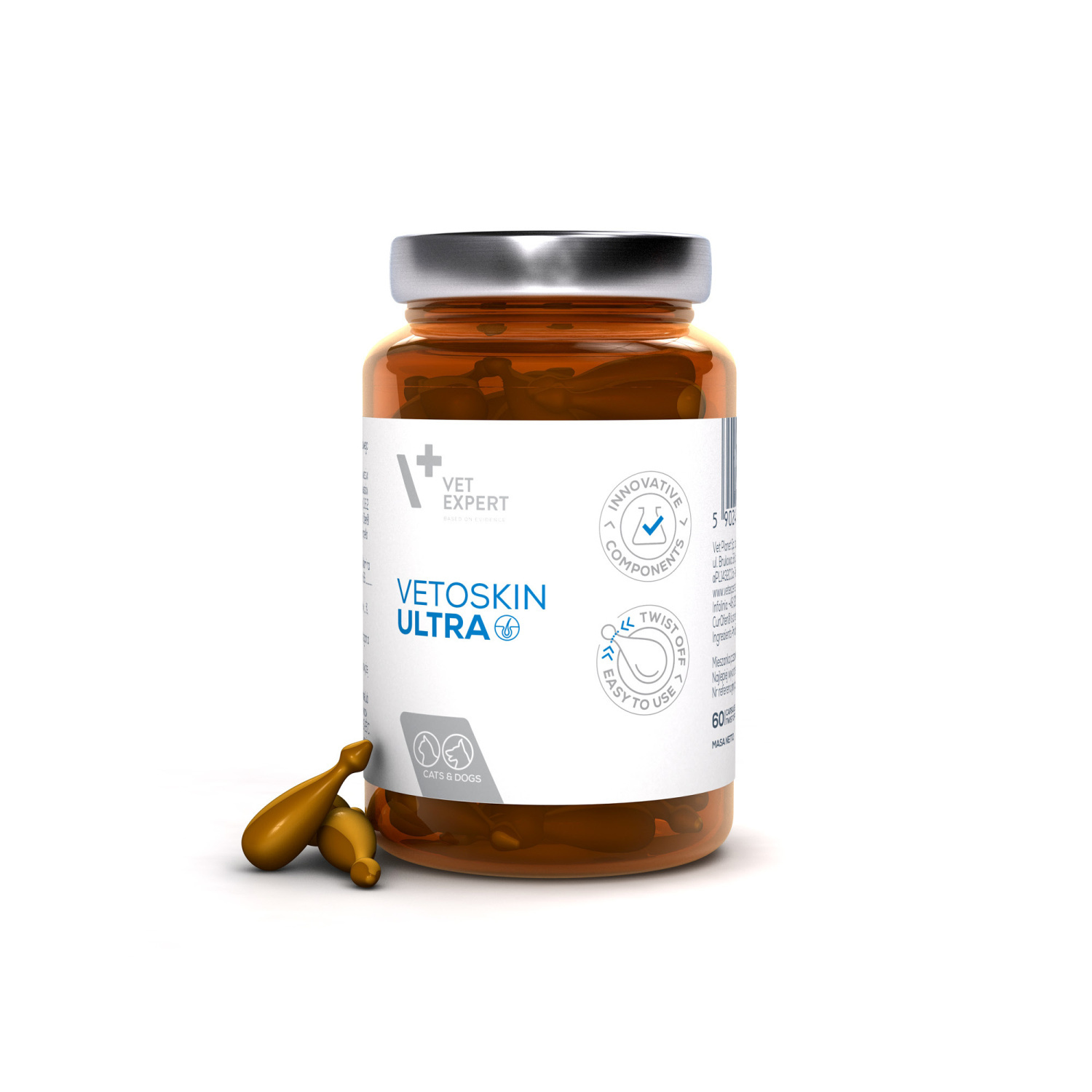 VET EXPERT VetoSkin Ultra | 60 kaps. Twist Off | Na skórę atopową i nadwrażliwą | Dla psa i kota