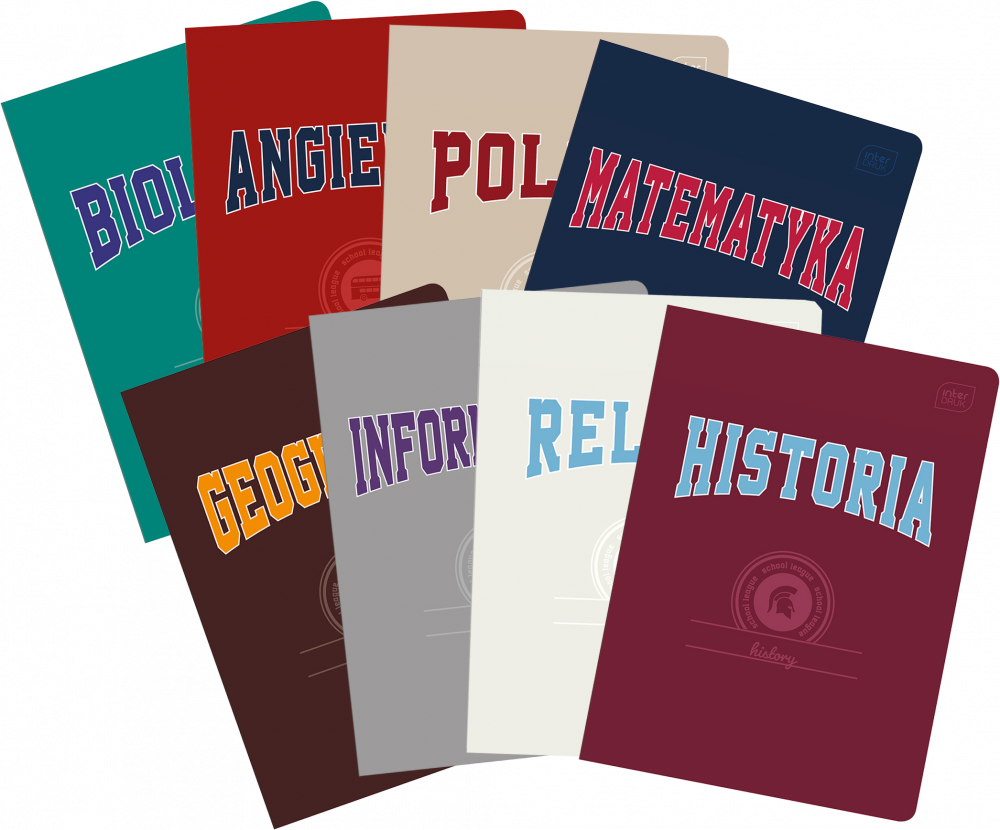 5x Zeszyt przedmiotowy Interdruk, A5, 60 kartek, 8 sztuk: Angielski, Biologia, Geografia, Historia, Informatyka, Matematyka, Religia, Polski