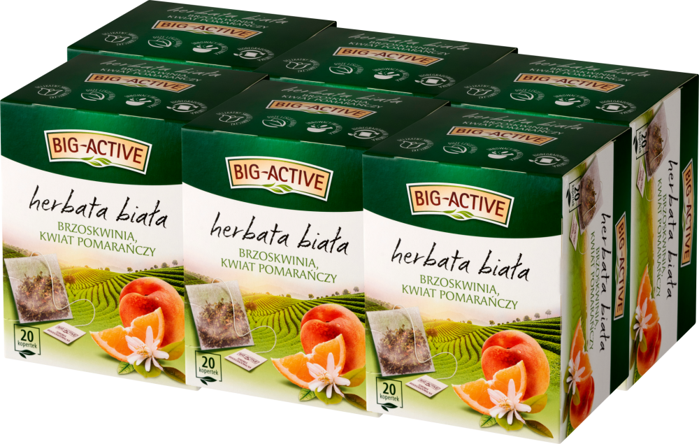 6x Herbata biała smakowa w torebkach Big Active, brzoskwinia i kwiat pomarańczy, 20 sztuk x 1.5g