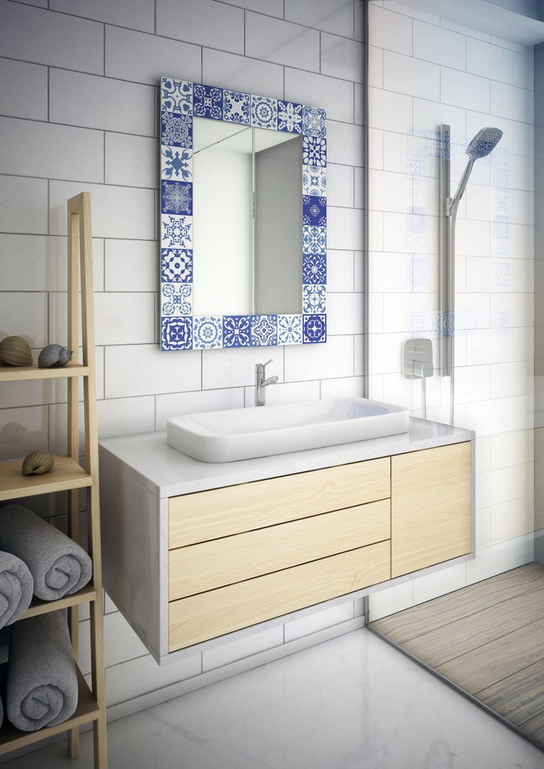 Dubiel Vitrum Lisboa lustro prostokątne 80x60 cm rama imitacja płytek ceramicznych