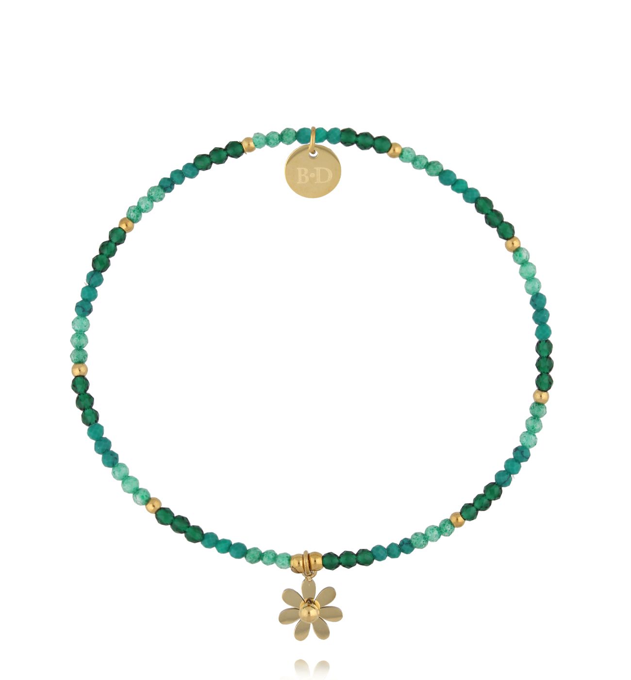 Bransoletka z zielonych cyrkonów i szklanych koralików z zawieszką kwiatka - By Dziubeka