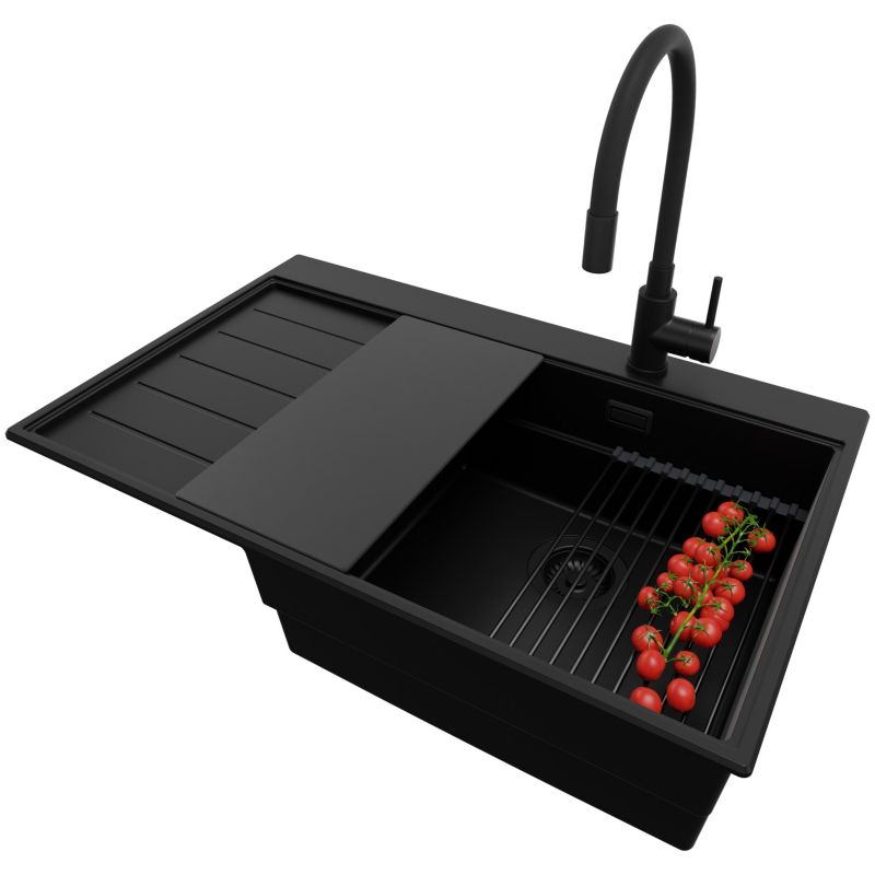 Zlewozmywak Granitowy Sydney PRIMAGRAN Nablatowy 78x50cm, Cały Czarny + Bateria + Syfon + Akcesorium, S336, 1 szt.