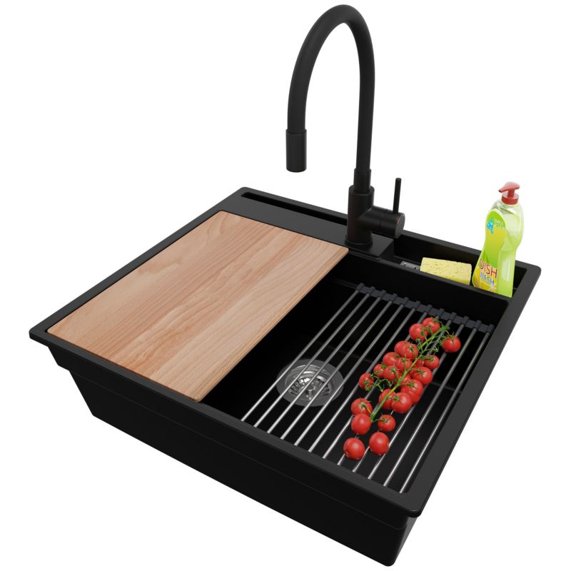 Zlewozmywak Granitowy Oslo Pocket PRIMAGRAN Nablatowy 58x53cm, Czarny + Bateria + Syfon + Akcesorium, S289, 1 szt.