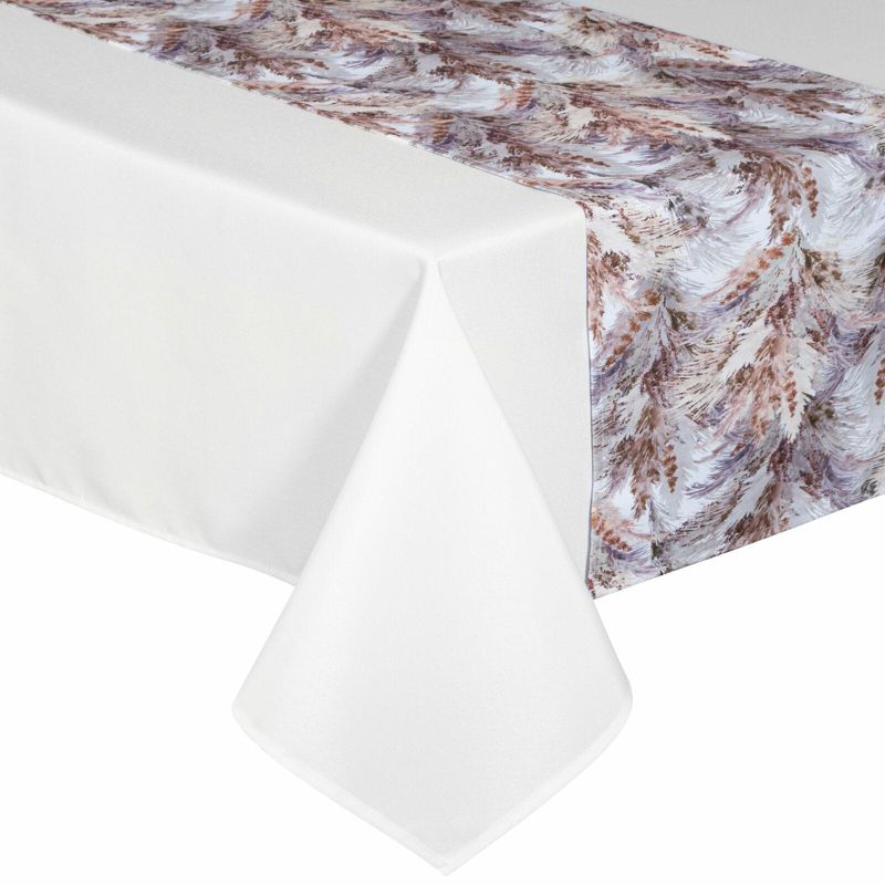 Obrus ANITA 4 Eurofirany 140 x 180 cm z bieżnikiem 33 x 180 cm biały zdobiony jasnofioletowym wzorem trawy pampasowej 1 szt.