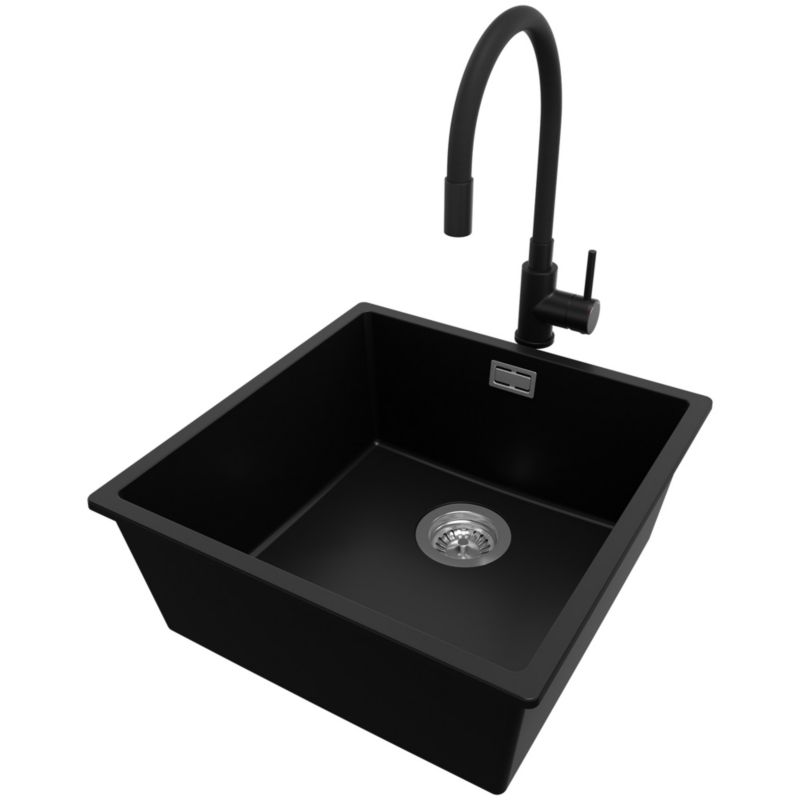 Zlewozmywak Granitowy Londyn Slim PRIMAGRAN Nablatowy 46x47cm do szafki od 50cm, Czarny + Bateria 40x38cm + Syfon, S233, 1 szt.