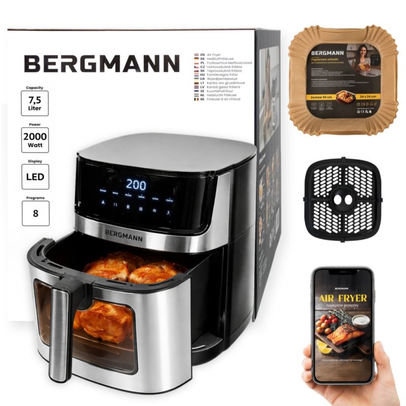 Frytkownica BERGMANN YO beztłuszczowa airfryer frytownica 1 komora 7,5l 2000W 8 programów 1szt.
