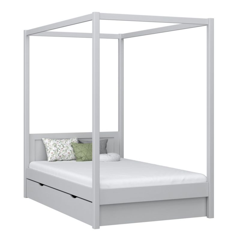 Drewniane łóżko N-WOOD pojedyncze z baldachimem i szufladą N02 popielaty 80x200 1szt.