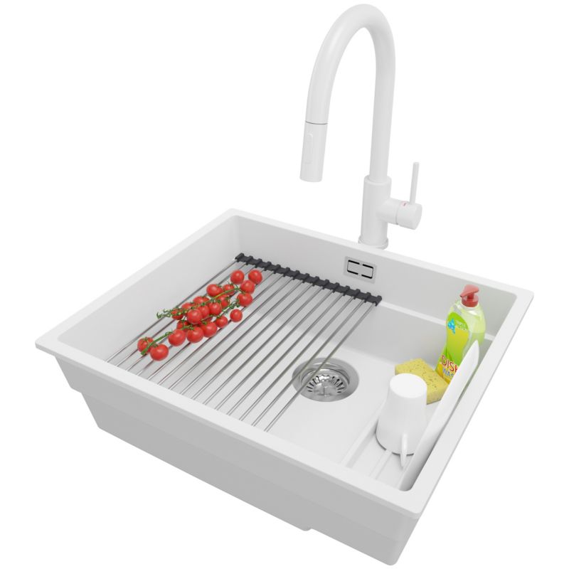 Zlewozmywak Granitowy Praga Slim PRIMAGRAN Nablatowy 56x47cm, Biały + Bateria + Syfon + Akcesorium, S362, 1 szt.