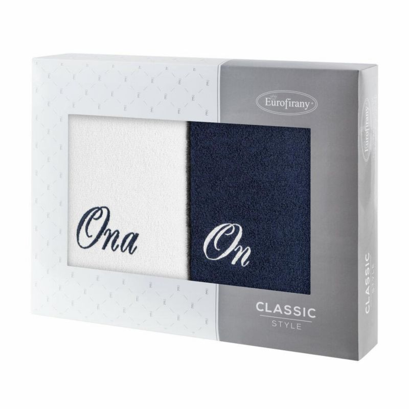 Ręczniki Ona On Eurofirany 70 x 140 cm biały i granatowy bawełna zestaw w pudełku kartonowym kpl.