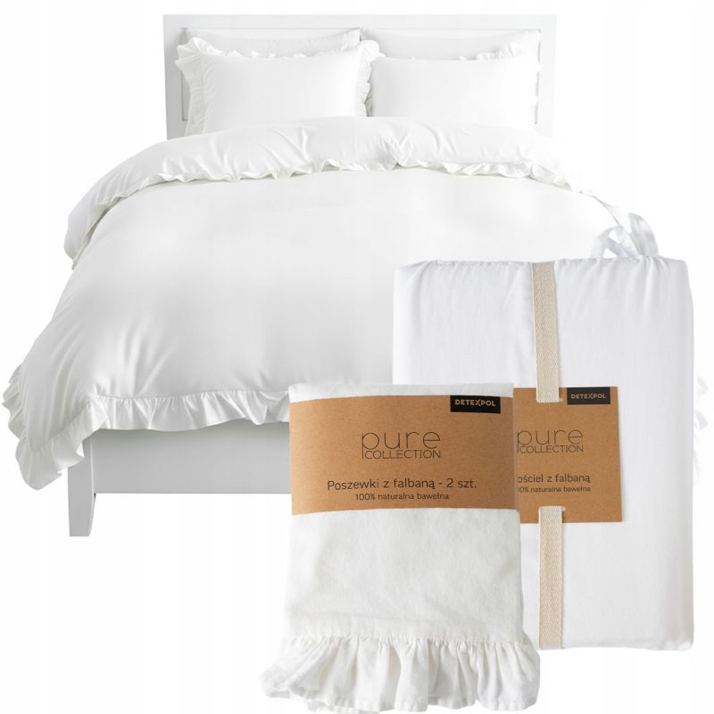 Pościel z falbaną Detexpol Pure 160x200cm + 2x poszewka 70x80cm bawełna biała 1 kpl.