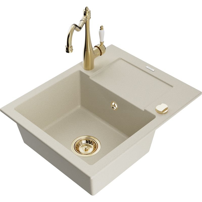 Zlewozmywak granitowy 1-komorowy Mexen Enzo z ociekaczem i baterią kuchenną Carla beżowy - 6506-69-670700-70 1 szt.