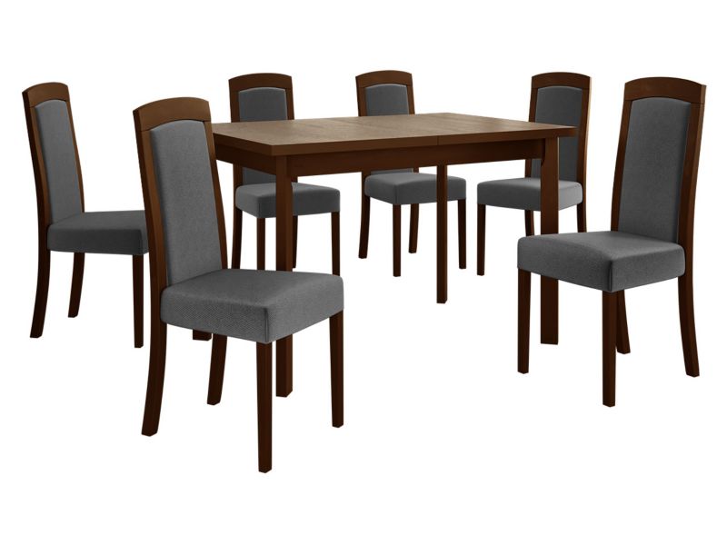 Zestaw DR26 MIRJAN 24 Stół rozkładany Max V P 80x120/150 + 6 krzeseł Roma 7 orzech + ciemnoszara tapicerka 1 kpl.