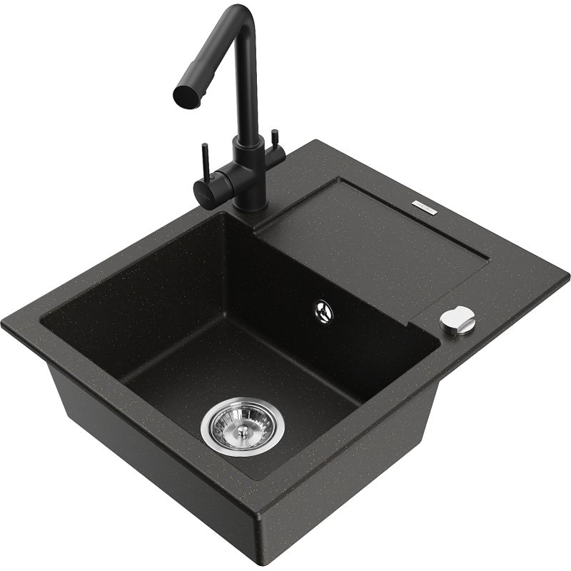 Zlewozmywak granitowy 1-komorowy Mexen Enzo z ociekaczem i baterią kuchenną Duero szary - 6506-71-671600-71 1 szt.