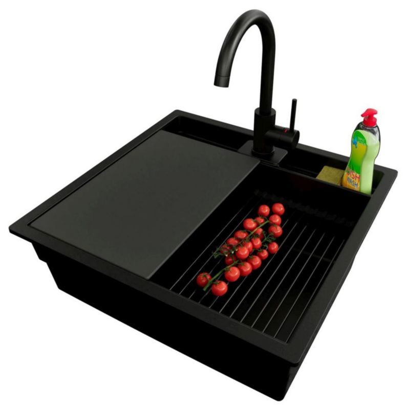 Zlewozmywak podblatowy Bergen Pocket PRIMAGRAN 56x54cm do szafki od 60cm, Cały Czarny + Bateria + Syfon + Akcesoria, , 1 szt.