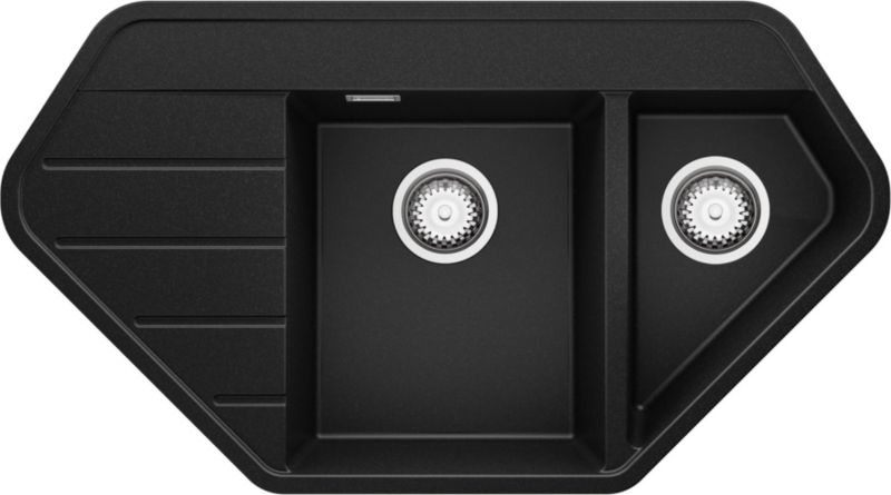 Zlewozmywak Narożny Kopenhaga Corner PRIMAGRAN Nablatowy 90x50cm do szafki od 70cm, Czarny + Syfon, S001, 1 szt.