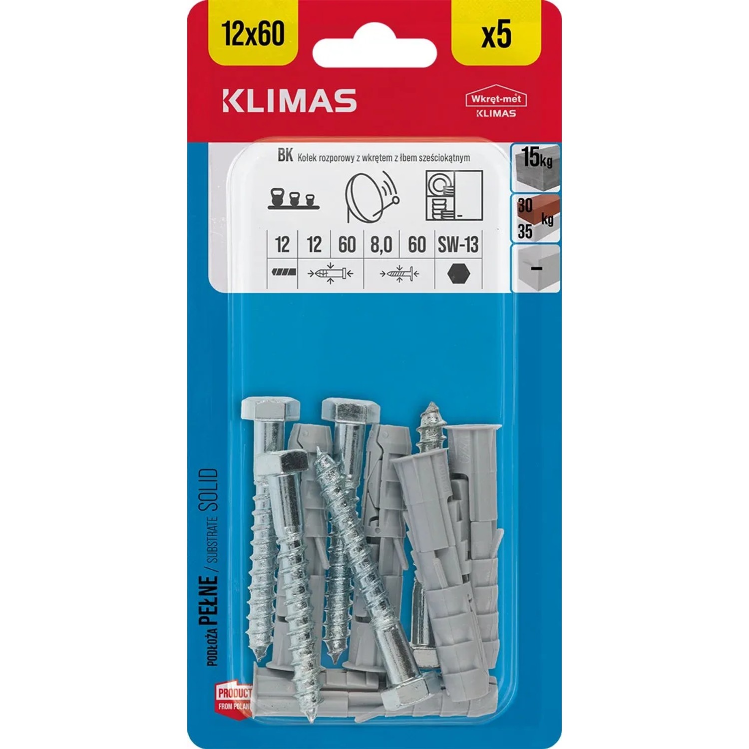 Wkręt-met Kołek rozporowy z wkrętem do drewna z łbem 6-kątnym 12 mm x 60 mm