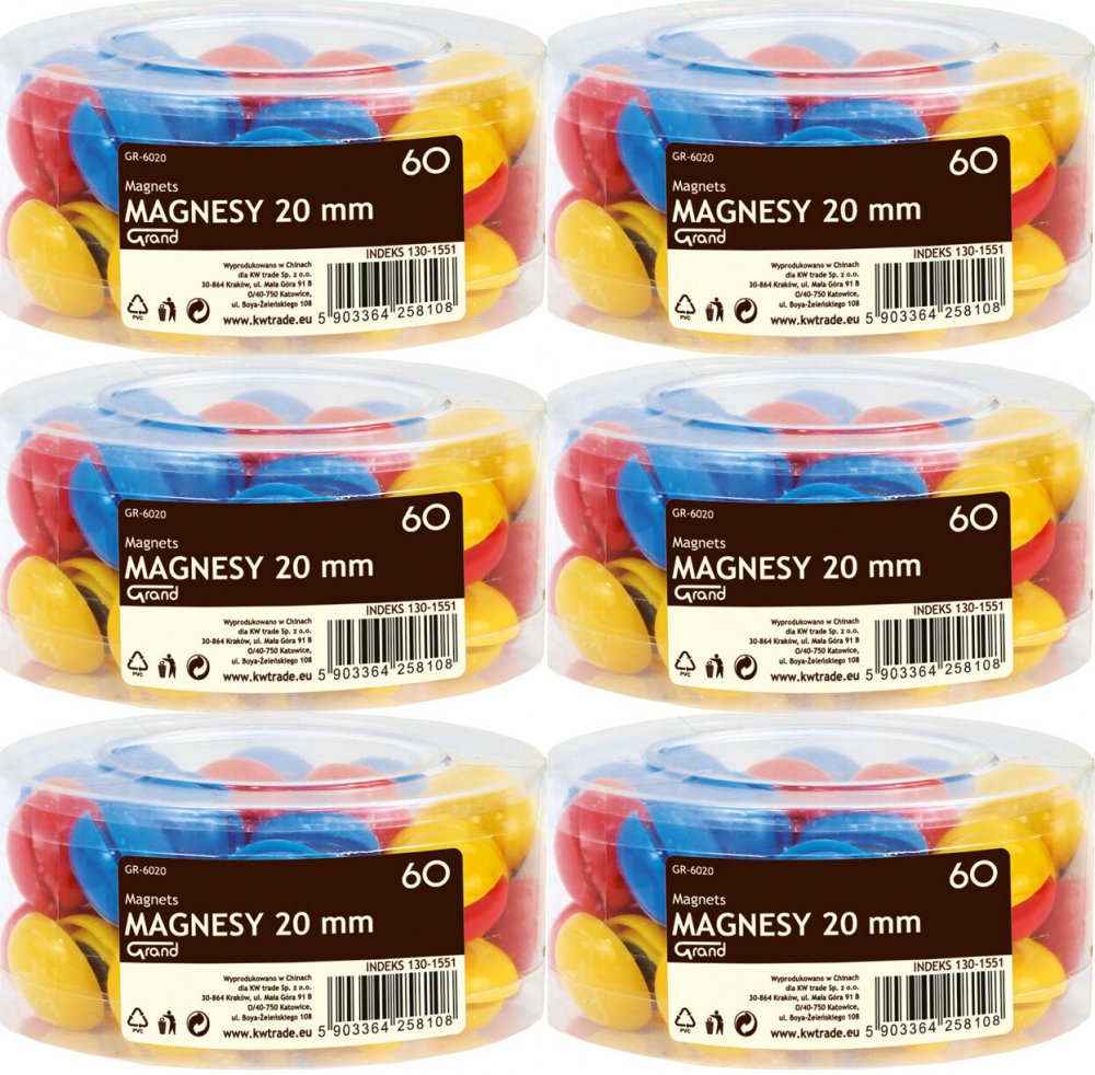 6x Magnesy Grand GR6020, 20mm, 60 sztuk, mix kolorów