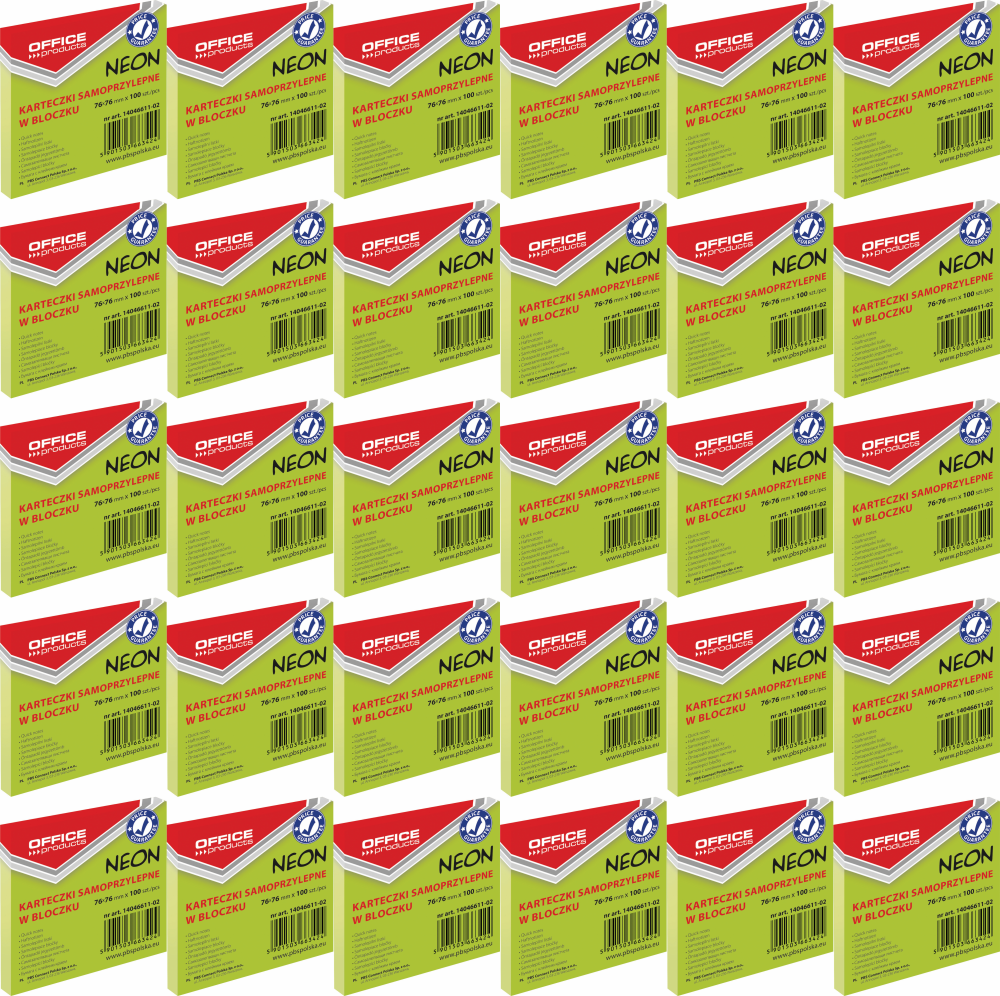 48x Karteczki samoprzylepne Office Products, 76x76mm, 100 karteczek, neonowy zielony