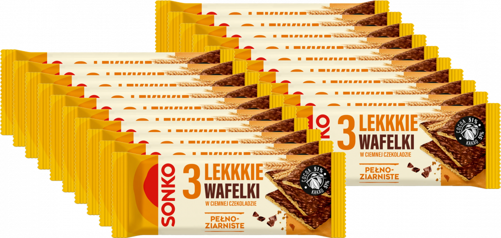 22x Lekkie wafelki Sonko, pełnoziarniste w ciemnej czekoladzie, 3 sztuki, 36g