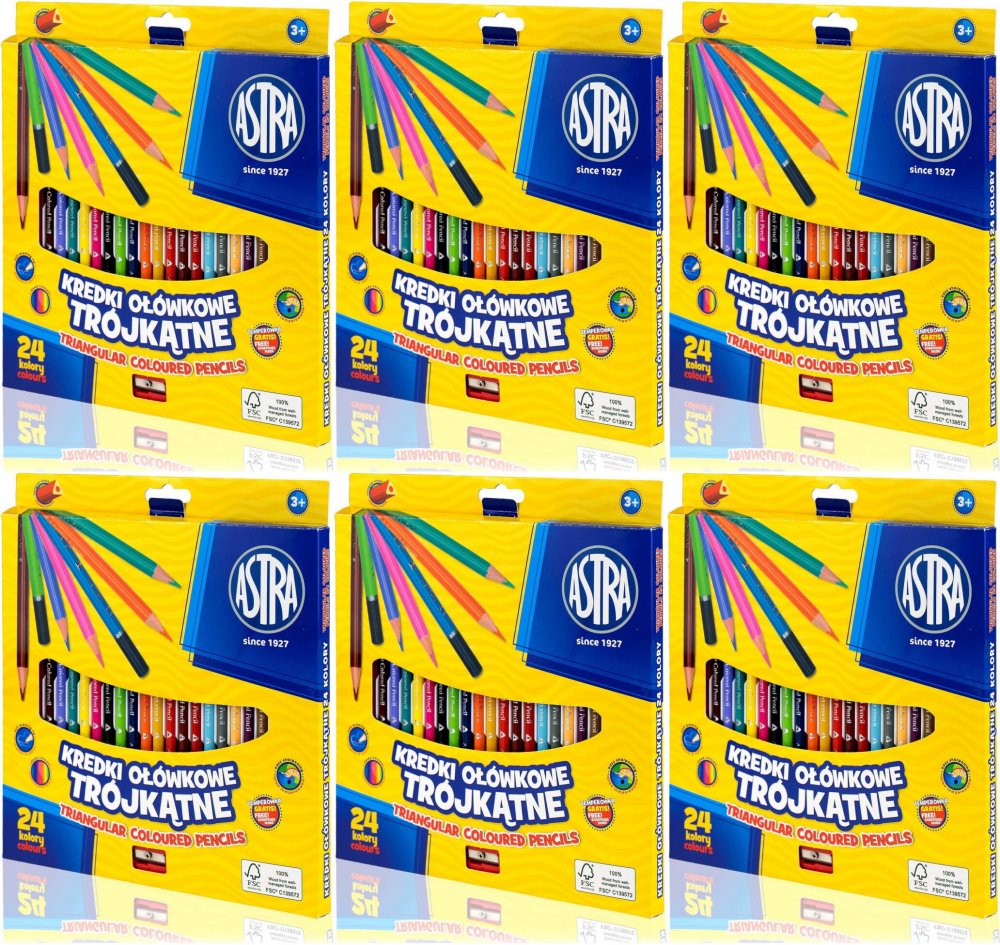 6x Kredki ołówkowe Astra, trójkątne, 24 sztuki + temperówka, mix kolorów