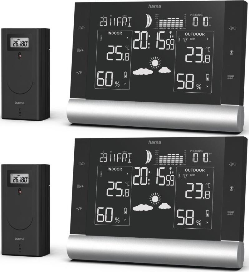 2x Stacja pogodowa Hama Black Line Plus, z czujnikiem zewnętrznym, czarny