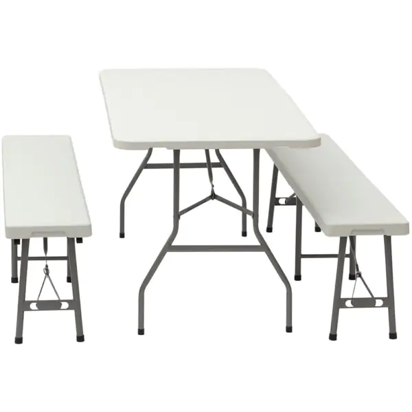 Zestaw cateringowy ogrodowy składany – stół biały 180x74cm + 2 ławki