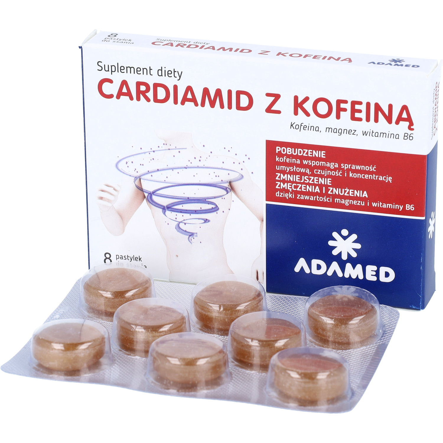 Cardiamid z kofeiną, smak cytrusowy, 8 pastylek do ssania