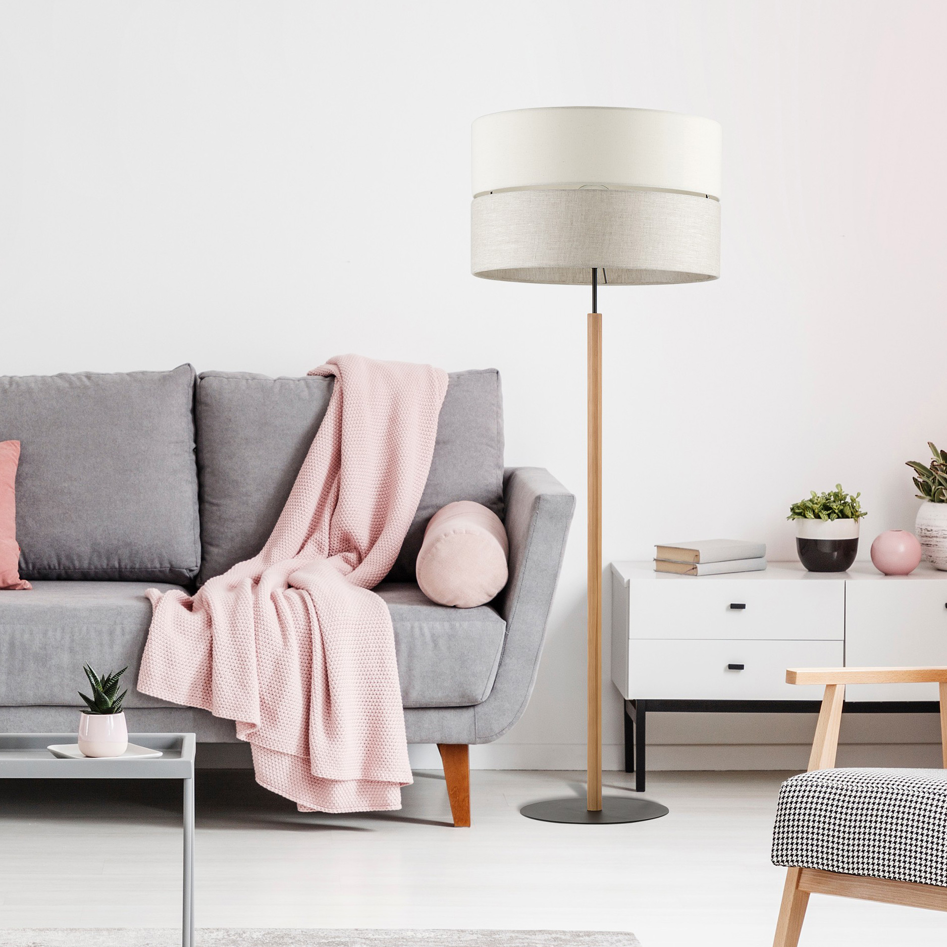 TK Lighting Eco lampa stojąca 1x15W szary/beżowy/drewno 5597