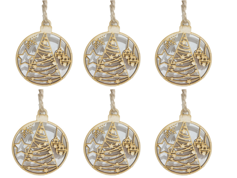 Drewniane zawieszki świąteczne, bombki choinkowe, ozdoba na Boże Narodzenie, BOMBKA 10 cm, naturalne drewno (1 op. / 6 szt.)