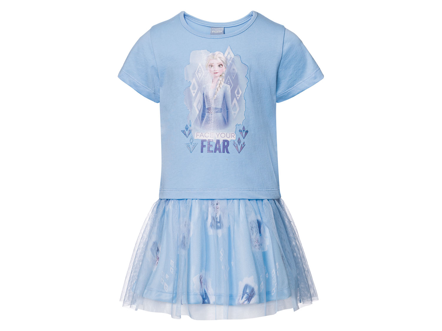 Sukienka dziewczęca z tiulową spódniczką, z bohaterami bajek Kraina lodu, 110/116