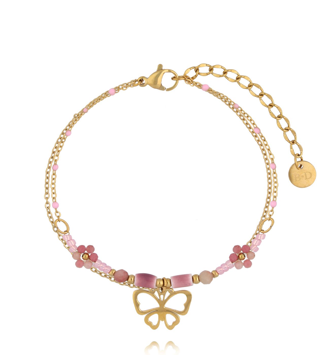 Bransoletka z rodonitem i zawieszką motyla BSY0534 - By Dziubeka